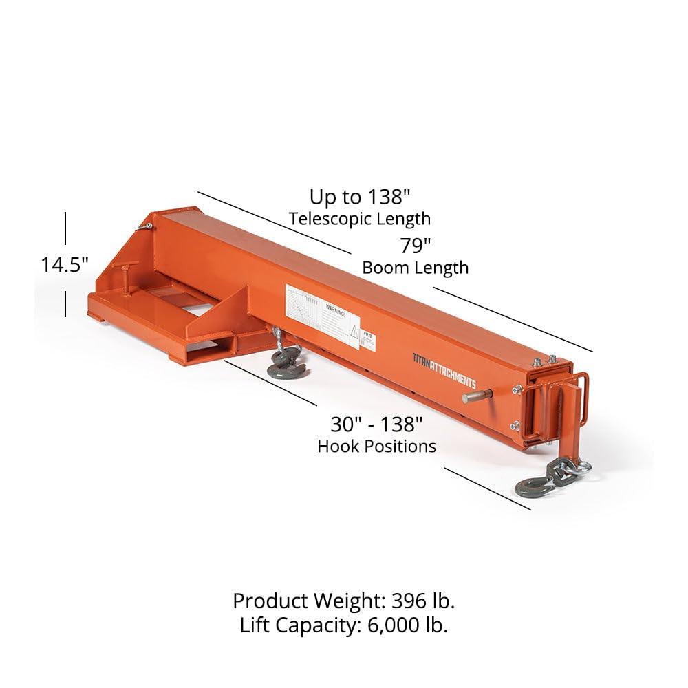 Titan Attachments Fork Mounted Adjustable Hoist Jib Boom Crane, Manual Telescopes 79"-147", 6000 LB Lift Capacity, Two 3 Ton Swivel Hooks, Ideal for Warehouse or Factories