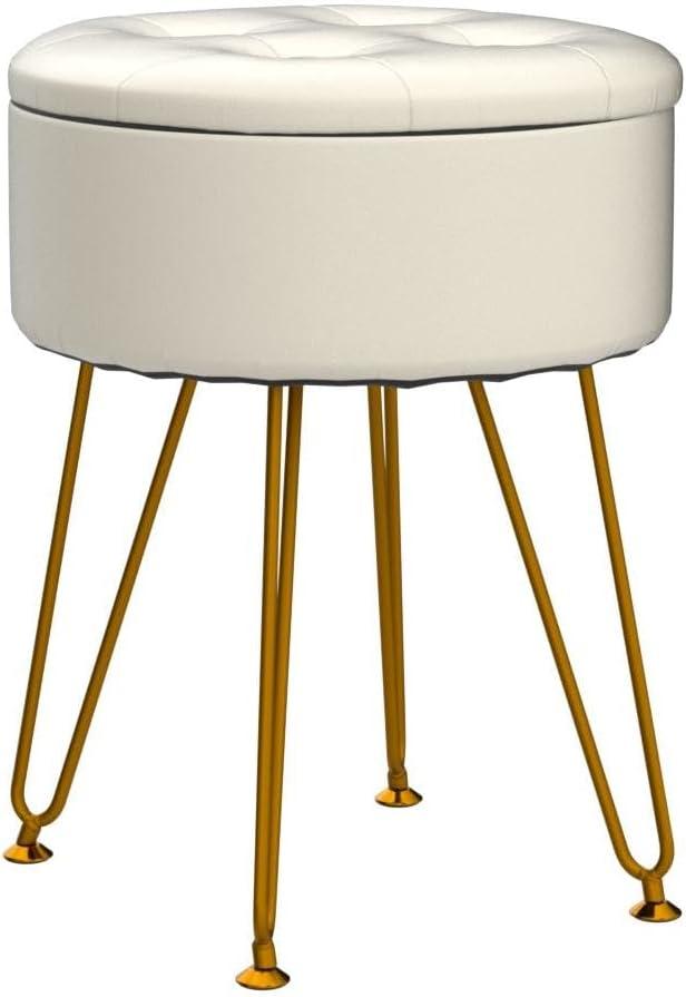 Cpintltr Storage Ottoman Oil Wax Faux Leather Round Footrest Stool Multifunctional Upholstered Ottoman with Metal Legs Modern Vanity Stools Tray Top Coffee Table for Living Room Bedroom White