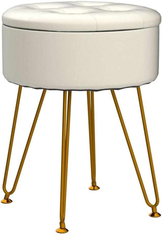 White Faux Leather Round Storage Ottoman with Gold Metal Legs