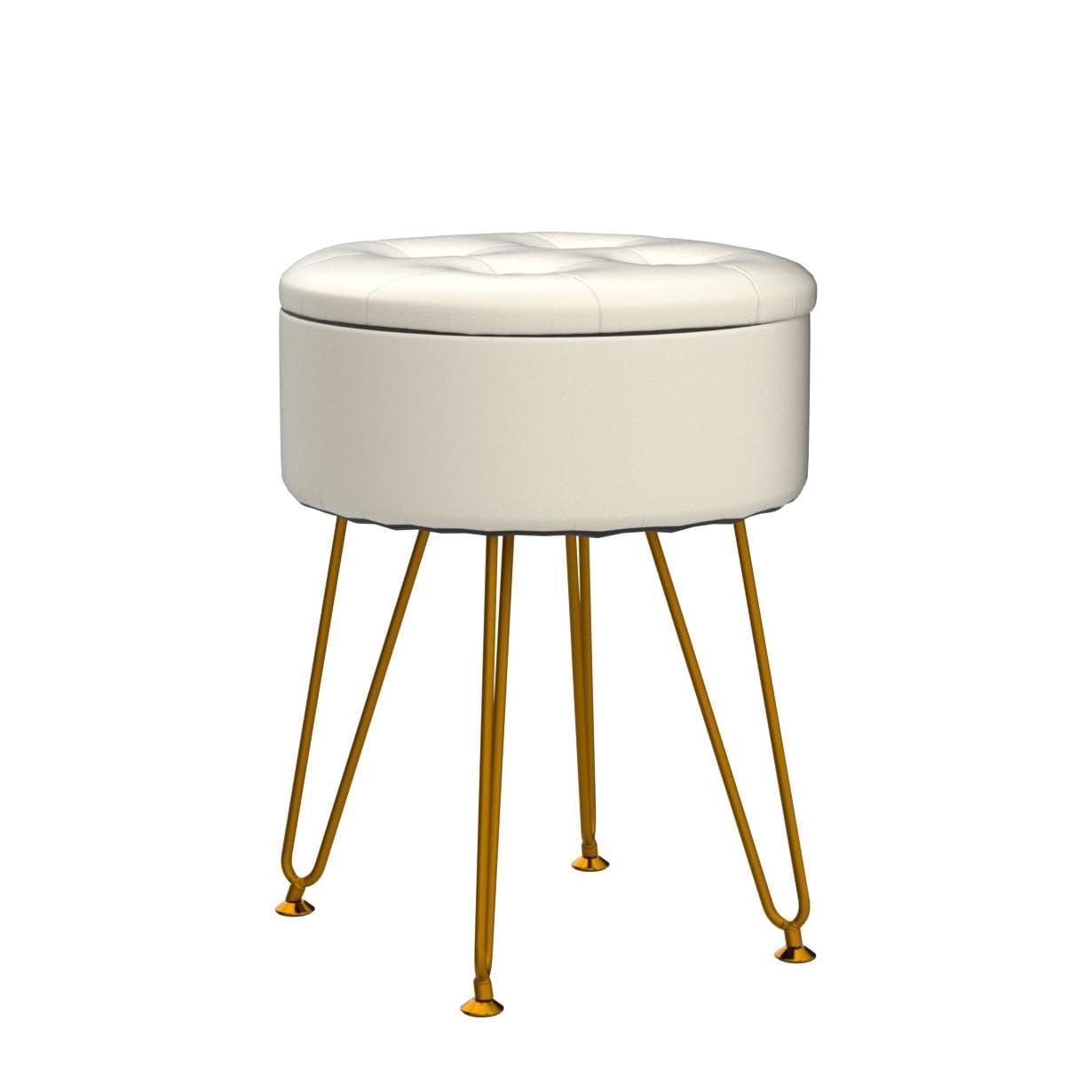 Cpintltr Storage Ottoman Oil Wax Faux Leather Round Footrest Stool Multifunctional Upholstered Ottoman with Metal Legs Modern Vanity Stools Tray Top Coffee Table for Living Room Bedroom White