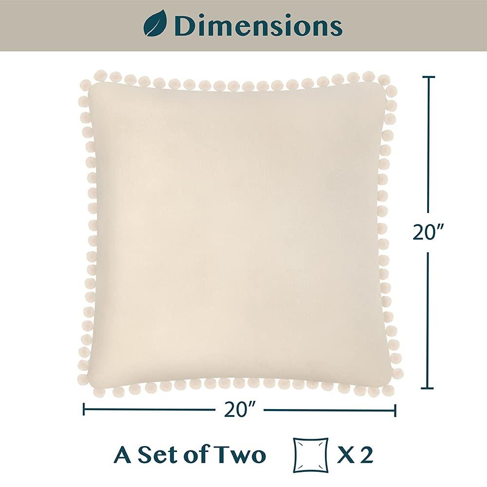 PAVILIA Set of 2 Pom Pom Throw Pillow Covers, Decorative Pompom Fringe Square Cushion Cases for Couch Sofa Bed, Cream/20 x 20