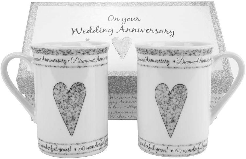 Beautifully Designed 60th Diamond Wedding Anniversary Set of Ceramic Mugs with Hearts | Dishwasher and Microwave Safe with Decorative Keepsake Box