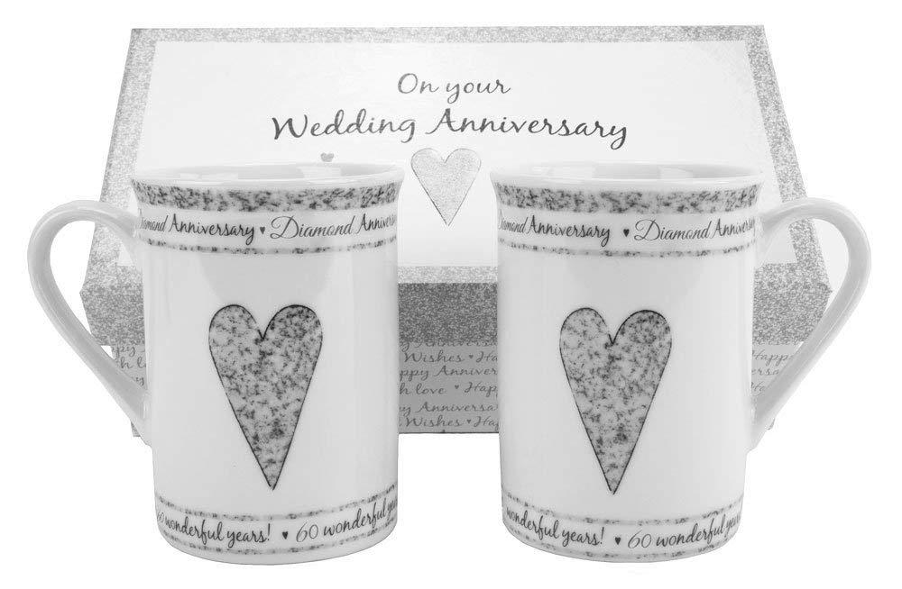Beautifully Designed 60th Diamond Wedding Anniversary Set of Ceramic Mugs with Hearts | Dishwasher and Microwave Safe with Decorative Keepsake Box