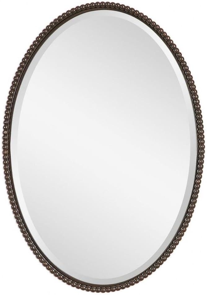 Uttermost Oval Vanity Decorative Wall Mirror Vintage Brown Beveled Oil Rubbed Bronze Beaded Frame 22" Wide for Bathroom Bedroom