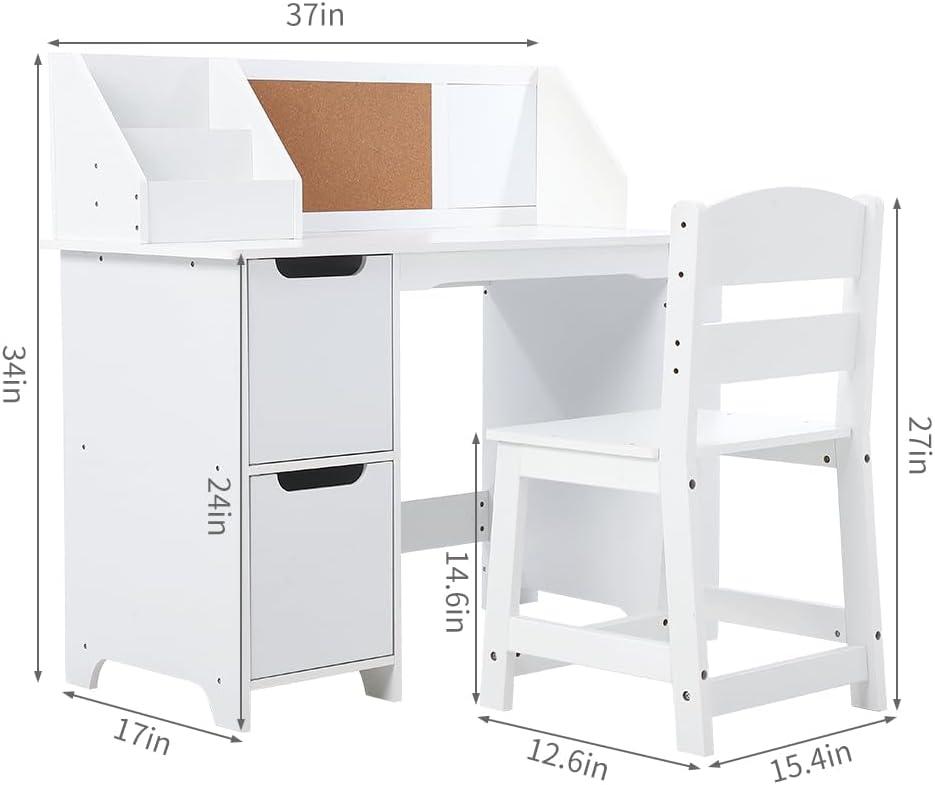 Children's White Study Desk & Chair Set with Bookshelf, Bulletin Board, and Storage Cabinets - Perfect for Ages 3-8