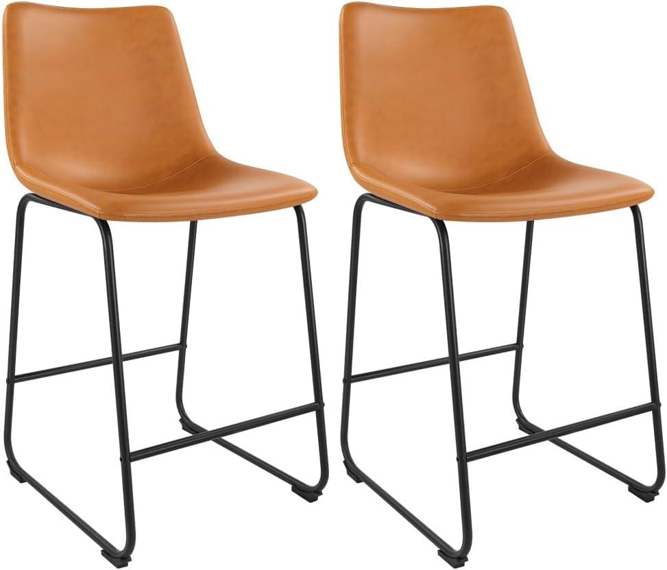 WKWKER Dinning Chairs Set of 2 Faux Leather Industrial Chair Counter Height Chair Metal Legs with Footrest Kitchen Chair for Home Bar Coffee Shop Patio Dining Chair Height 19’’ (Brown, 2pcs)