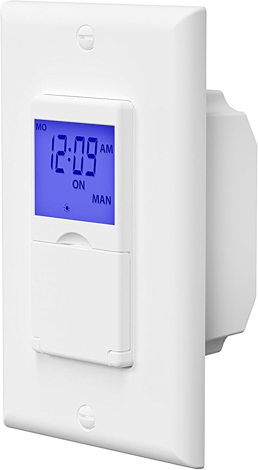 BN-LINK 7 Day Programmable In-Wall Timer Switch for Lights, fans and Motors , Single Pole and 3 Way Both Use, Blue Backlight, Neutral Wire Required, White