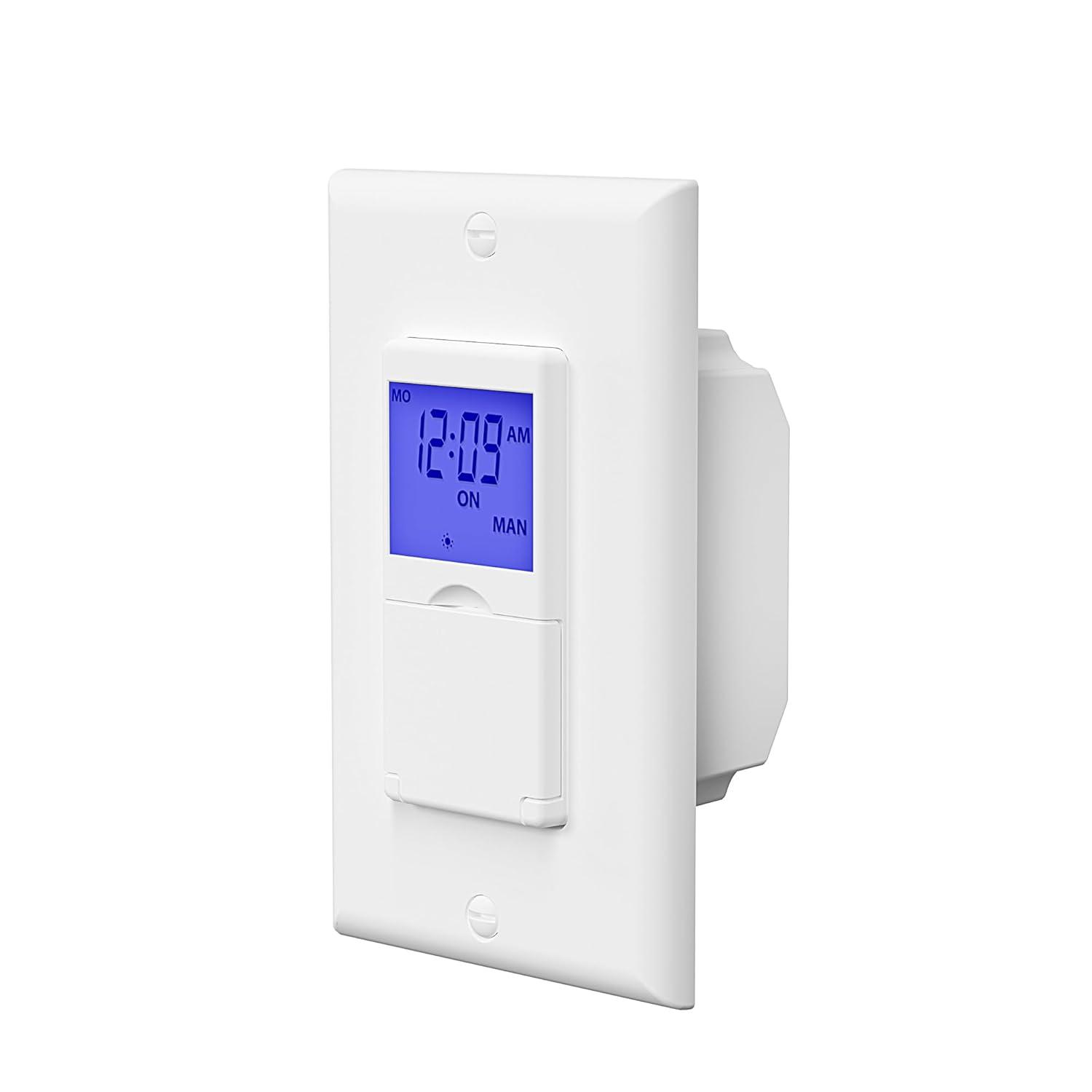 BN-LINK 7 Day Programmable In-Wall Timer Switch for Lights, fans and Motors , Single Pole and 3 Way Both Use, Blue Backlight, Neutral Wire Required, White