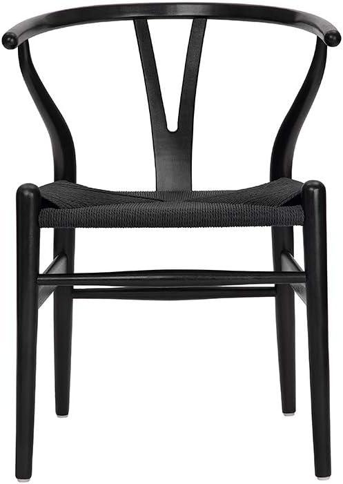 2xhome Set of 2 Wishbone Solid Wood Armchairs with Arms Open Y Back Farmhouse Dining Office Chairs with Woven Black Seat, Black