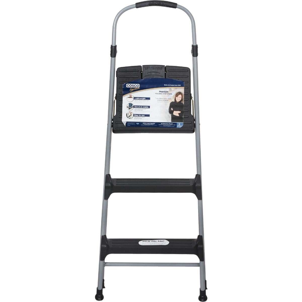 Cosco Signature Series Three Step Steel Step Stool with Plastic Steps, Silver and Black