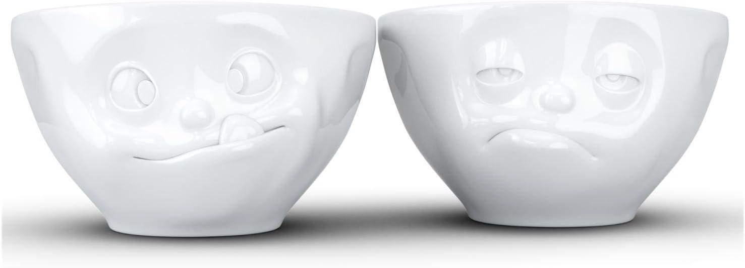 White Ceramic Medium Bowls with Tasty and Snoozy Faces