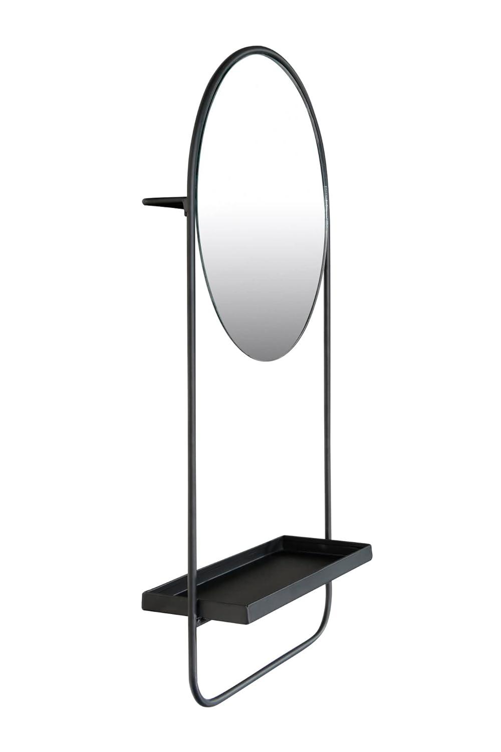 Storied Home Round Floating Metal Framed Wall Mirror with Shelf, Black