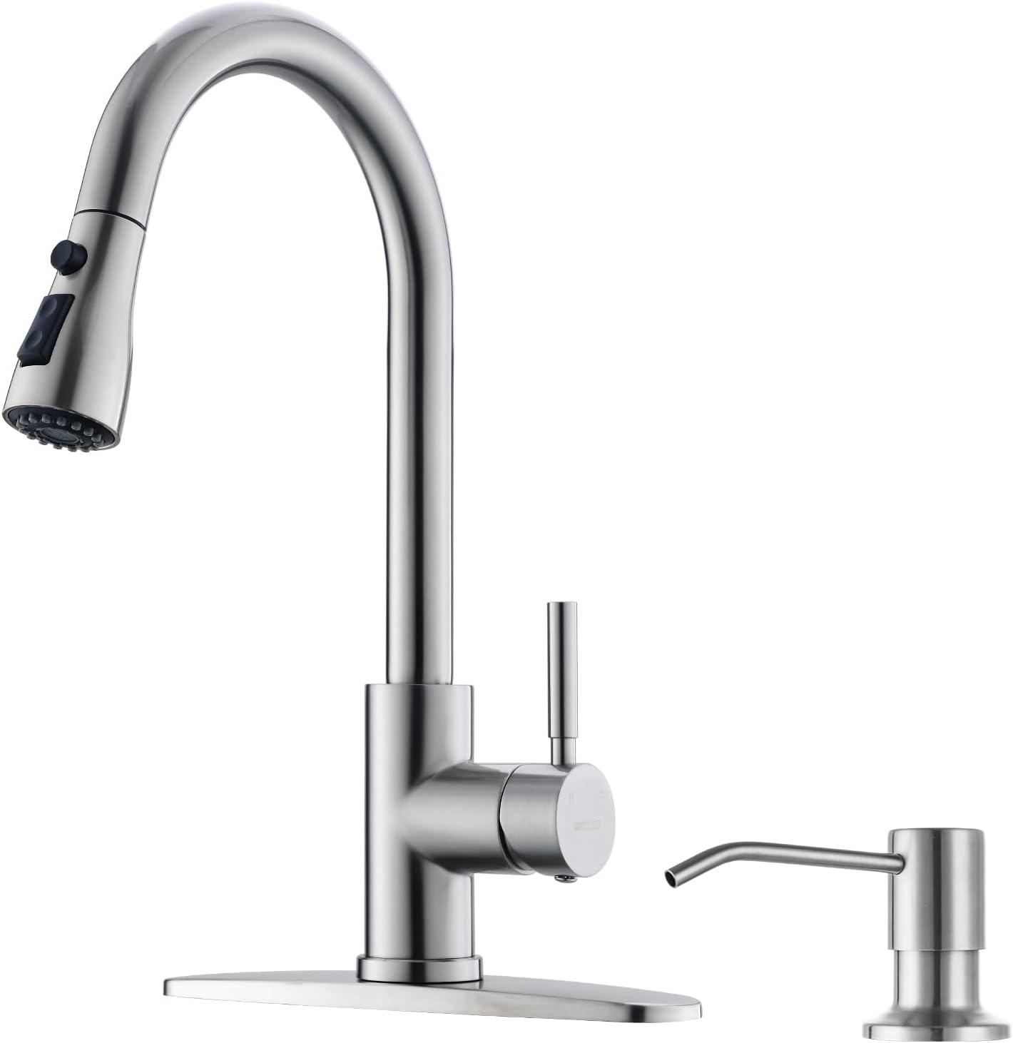 Brushed Nickel Single Handle Pull Down Kitchen Faucet with Soap Dispenser