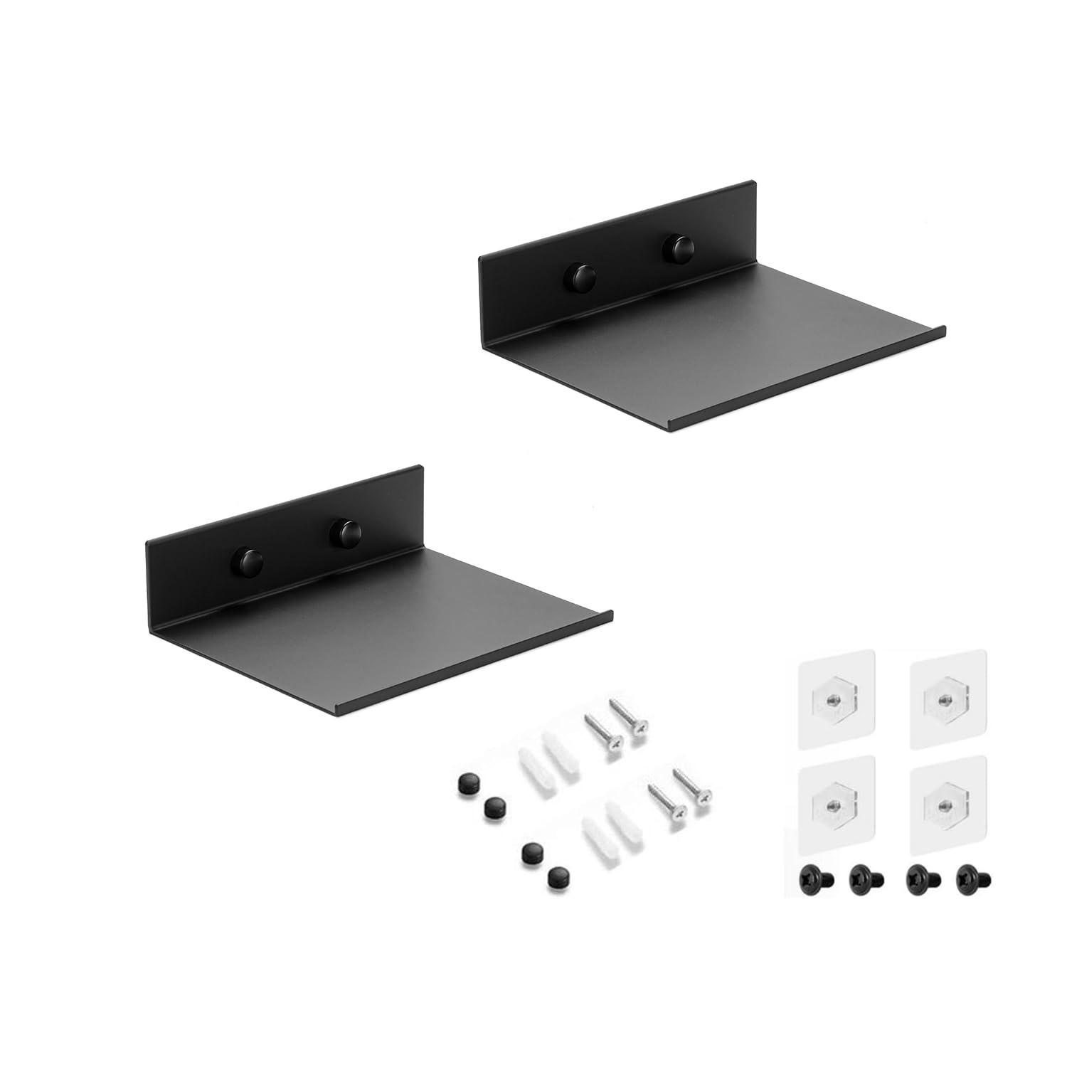 Z metnal Small Floating Shelves, Mini Metal Shelf for Collection Action Figures, Decor Display Wall Shelf, Aluminum, Wall Mounted, Matt Black, 6 inch, 2 Pack