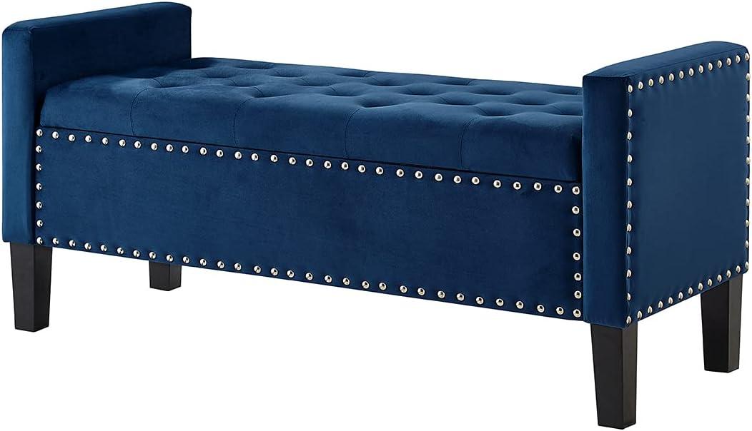 Navy Velvet Tufted Storage Bench with Arms and Nailhead Trim