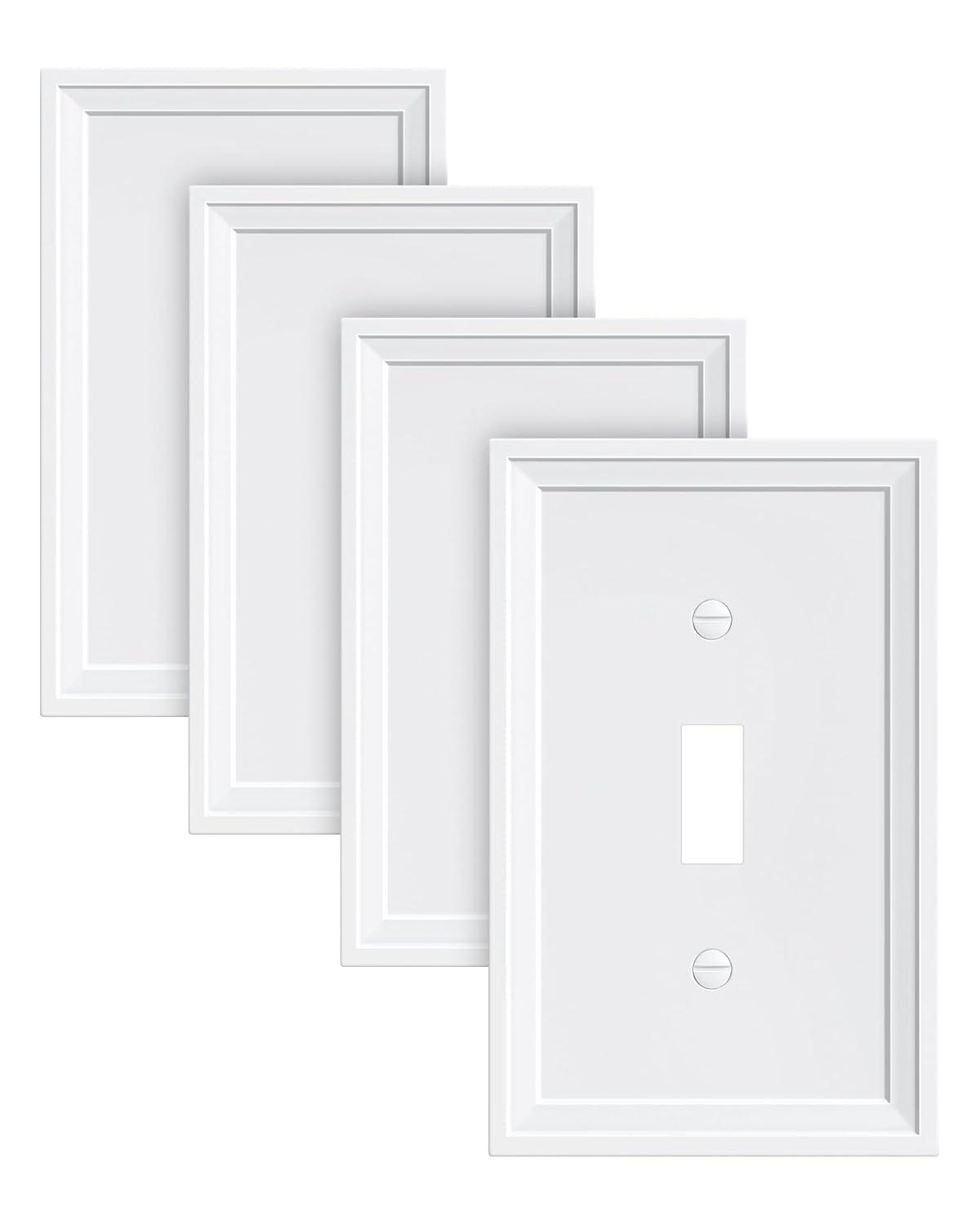 Modern Decorative Wall Plate Switch Plate Outlet Cover, Vintage Retro Wood Grain Design(Single Toggle-4 Pack, White)