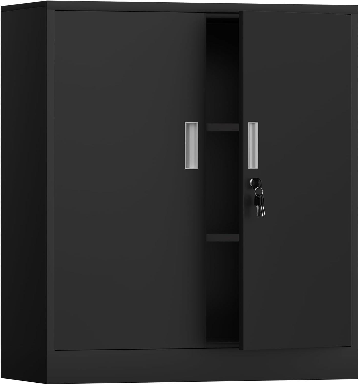 Metal Storage Cabinets with Shelves and Doors, Steel Locking Storage Cabinet for Home Office, Garage, Utility Room and Basement, 36.2" H x 31.5" W x 15.7" D (Black)