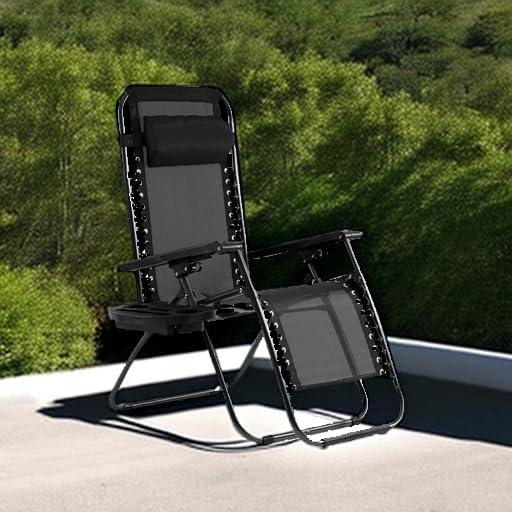 CL.HPAHKL Zero Gravity Chairs Folding Chaise Lounge Chair Outdoor Patio Lounge Chair Recliner with Cup Holder for Poolside Garden Backyard Lawn, Black