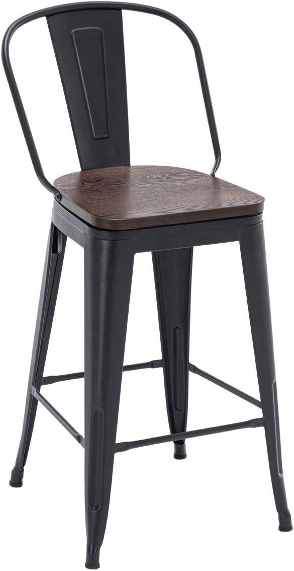 24" Black Metal and Wood Swivel Backless Bar Stools Set