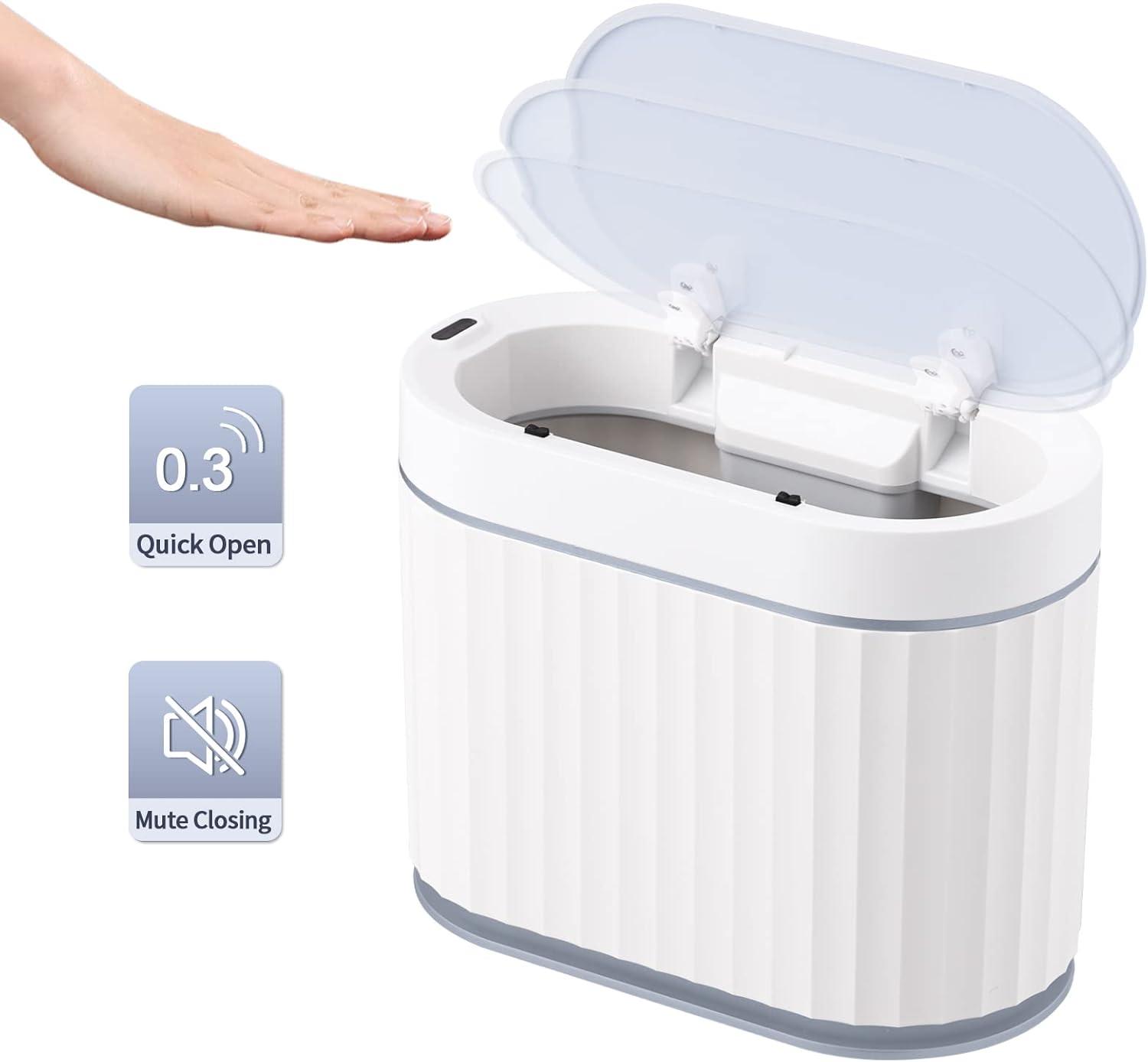 ELPHECO Mini Trash Can with Lid Small Desktop Trash Can with Lid, Slim Automatic Garbage Can, 1.3 Gallon Motion Sensor Countertop Waste Basket for Bedroom, Office, Bathroom, White with Grey Trim