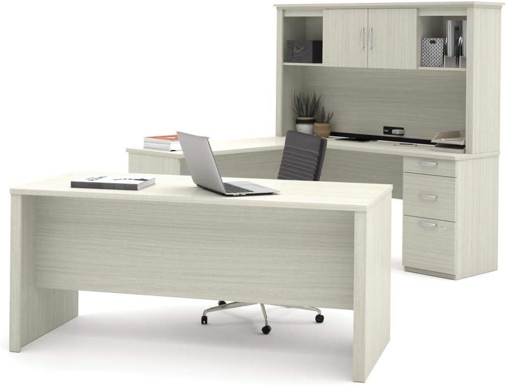 Bestar Logan Modern Wood U Shape Computer Desk with Hutch in White Chocolate