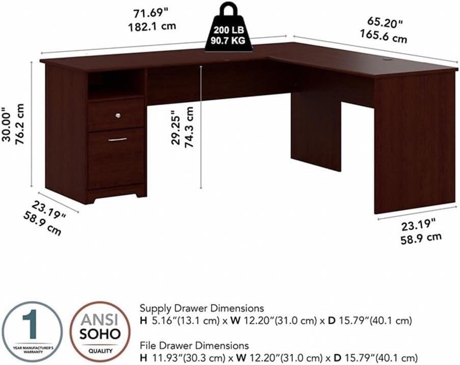 Bush Furniture Cabot 72" L Shaped Desk with Storage, Harvest Cherry