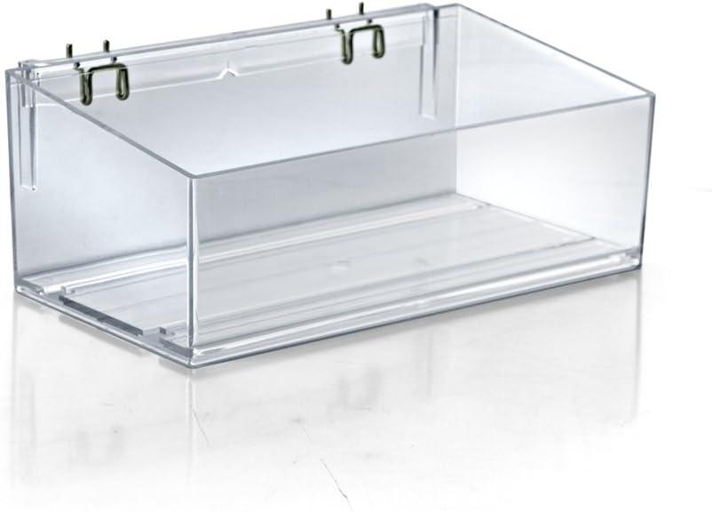 Clear 13.5” wide Open Bin Tray for Pegboard or Slatwall. Storage Container includes 2 Metal U-Hooks for hanging. Adjustable Slide In Dividers Sold Separately