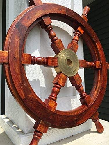 24" Dark Rosewood and Brass Nautical Ship Wheel Decor