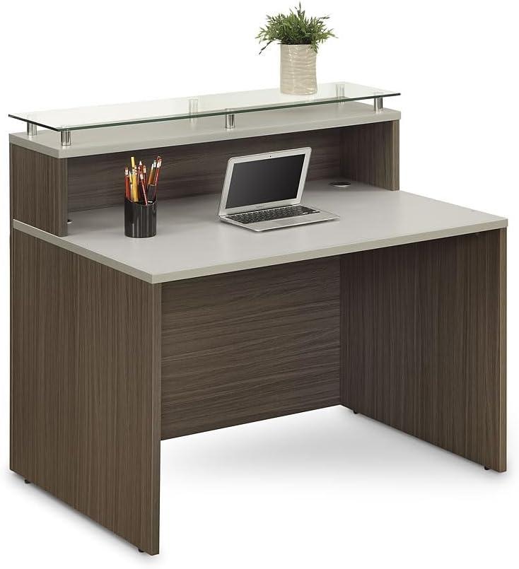 NBF Signature Series Esquire Reception Desk Glass Top, Driftwood Silver Laminate Desk 48”Wx32”D