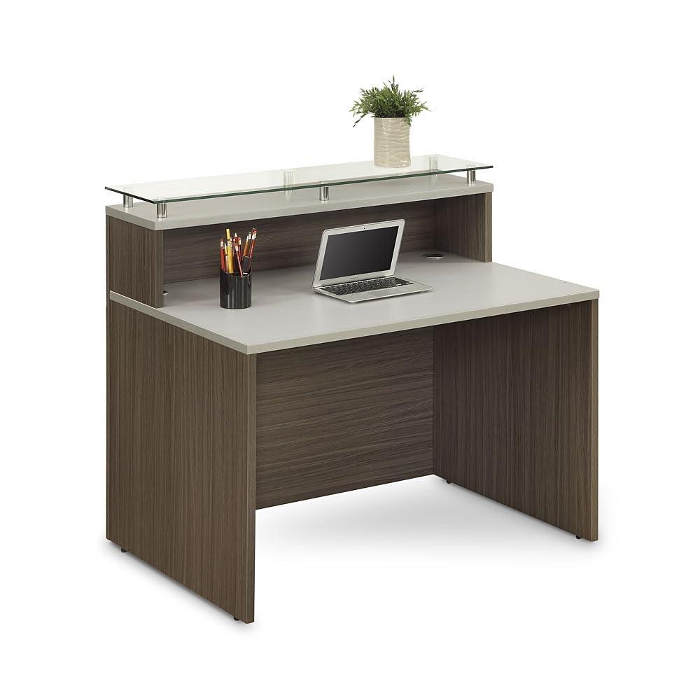 NBF Modern Small Reception Desk Counter Office Lobby Salon Durable Driftwood Laminate Cable Management Desk Compact 48"W x 32"D