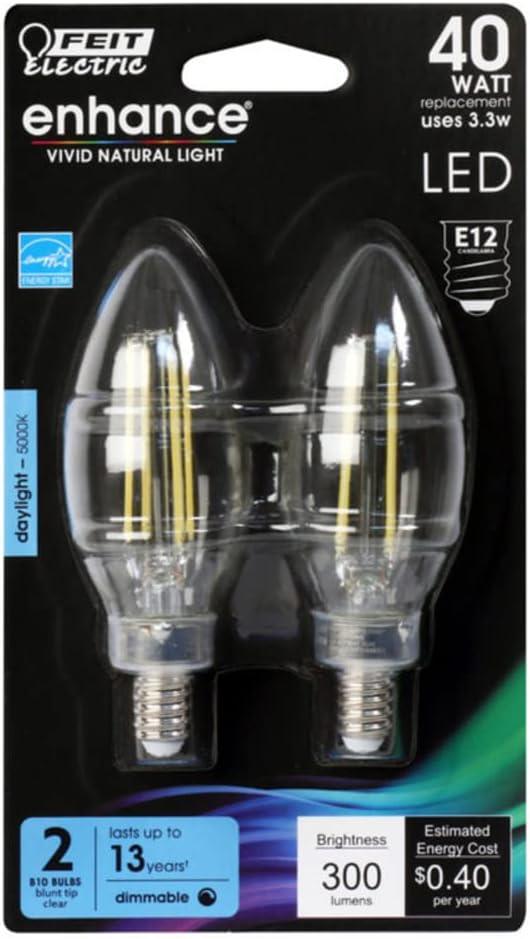 Feit Enhance B10 E12 (Candelabra) Filament LED Bulb Daylight 40 Watt Equivalence 2 pk