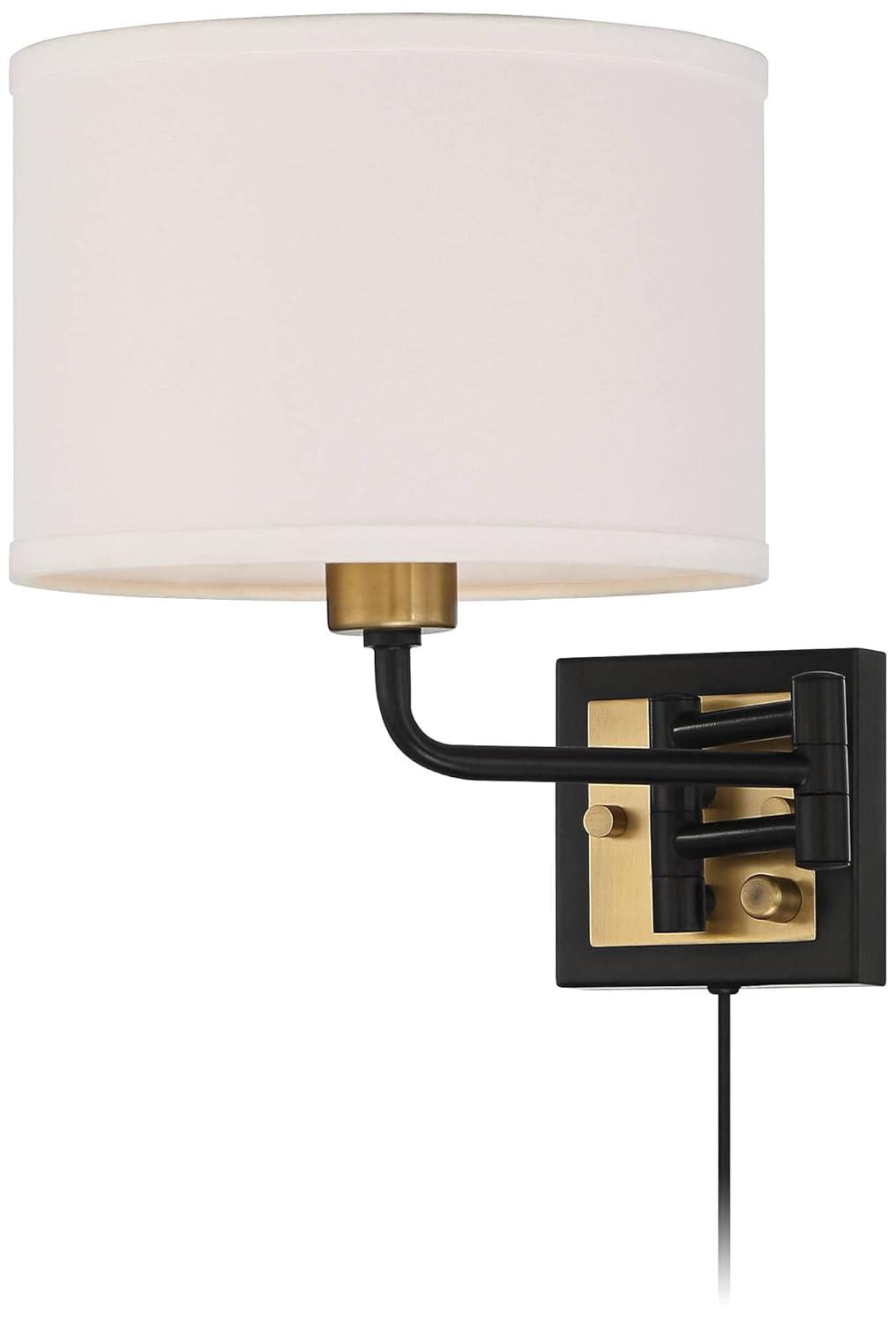 360 Lighting Joelle Modern Swing Arm Wall Lamp Brass Black Plug-in Light Fixture Fabric Drum Shade for Bedroom Bedside Living Room Reading Home House