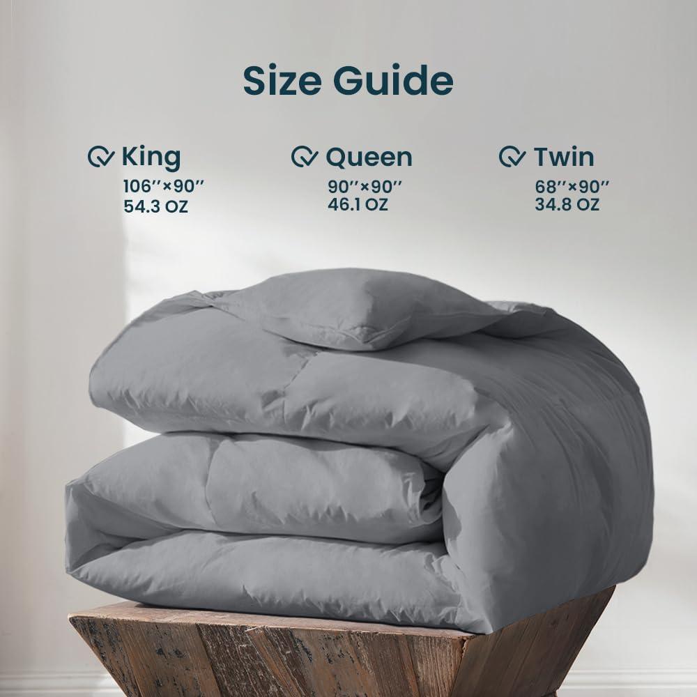 WarmKiss Queen Size Goose Feather Down Comforter – Ultra-Soft 100% Cotton Cover, Moisture-Wicking, Natural Kapok Fill, 46oz Medium Warmth, All-Season Fluffy Duvet Insert (90x90, Grey)