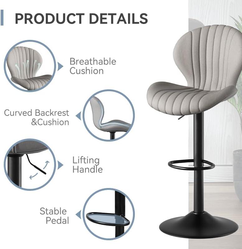 FLYSKY Bar Stools Set of 2 -Faux PU Leather Bar Chairs with Back, Adjustable Swivel Bar Stool, Light Gray