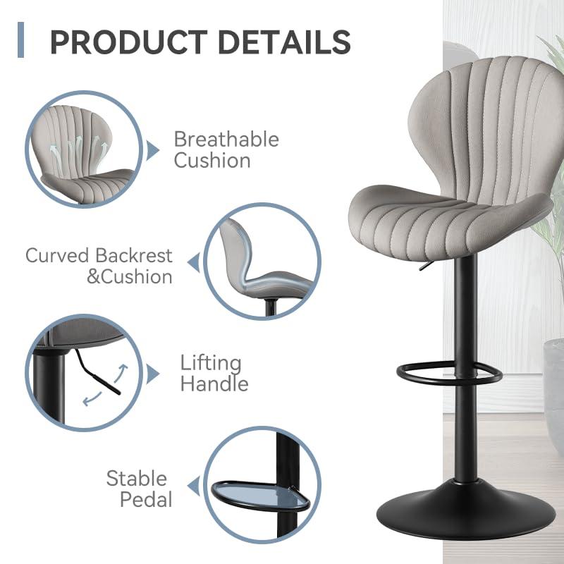 FLYSKY Bar Stools Set of 2 -Faux PU Leather Bar Chairs with Back, Adjustable Swivel Bar Stool, Light Gray