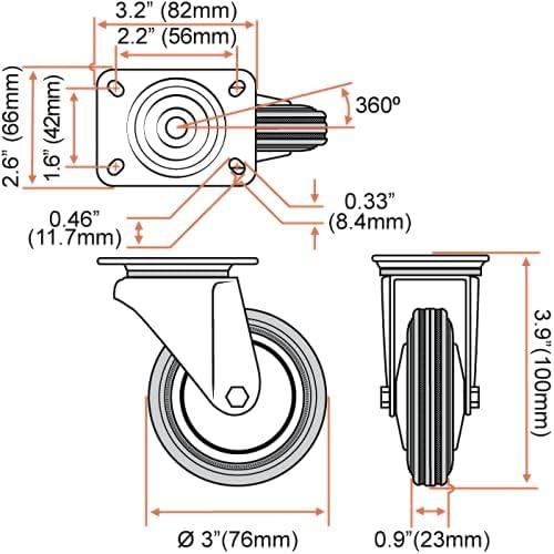 3 Inch Black Rubber Swivel Plate Casters, 4 Pack