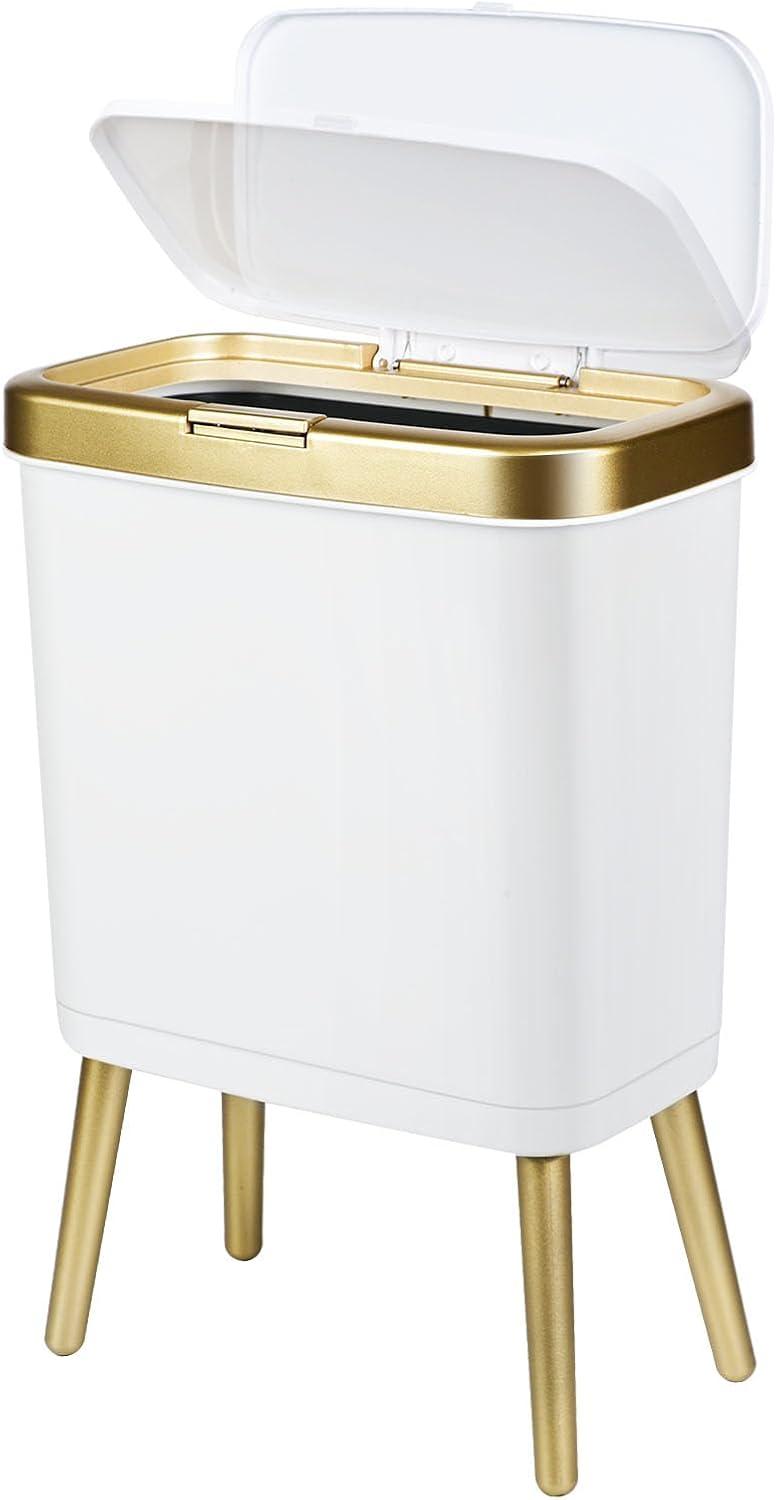 LIKOBI Trash Can with Lid,Bathroom Trash Can with Gold Edge,Slim Plastic Trash Bin for Bedroom,4 Gallon