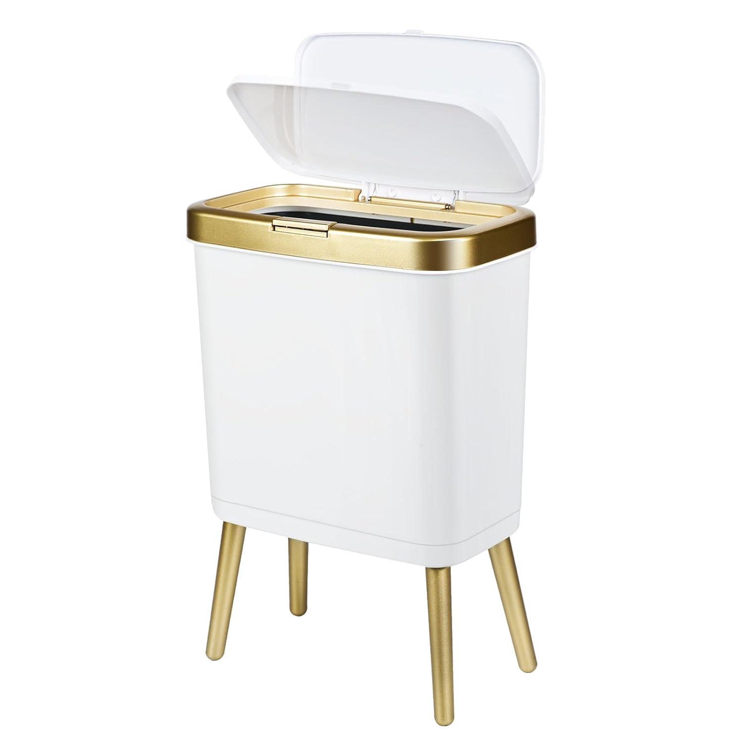 LIKOBI Trash Can with Lid,Bathroom Trash Can with Gold Edge,Slim Plastic Trash Bin for Bedroom,4 Gallon
