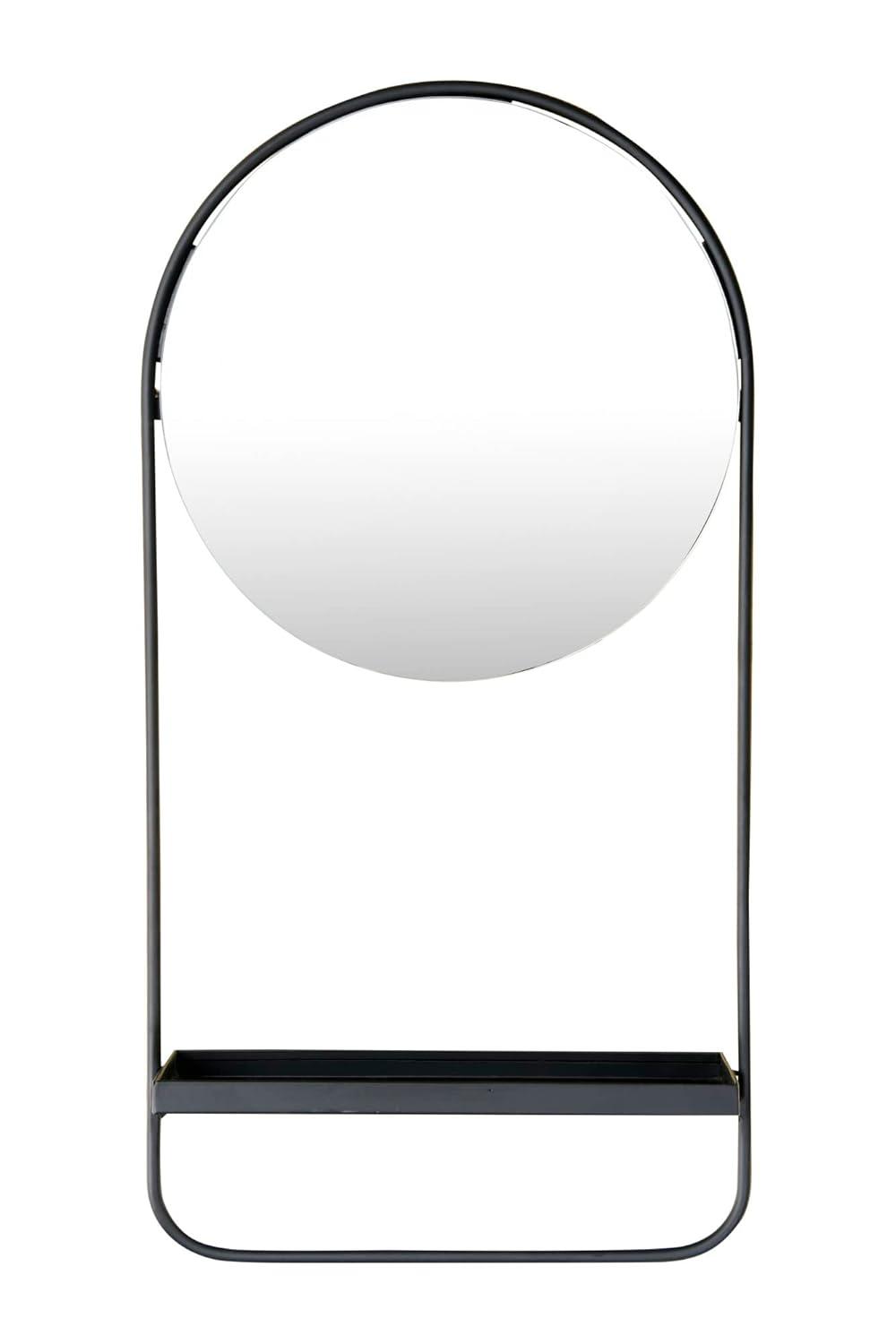 Storied Home Round Floating Metal Framed Wall Mirror with Shelf, Black