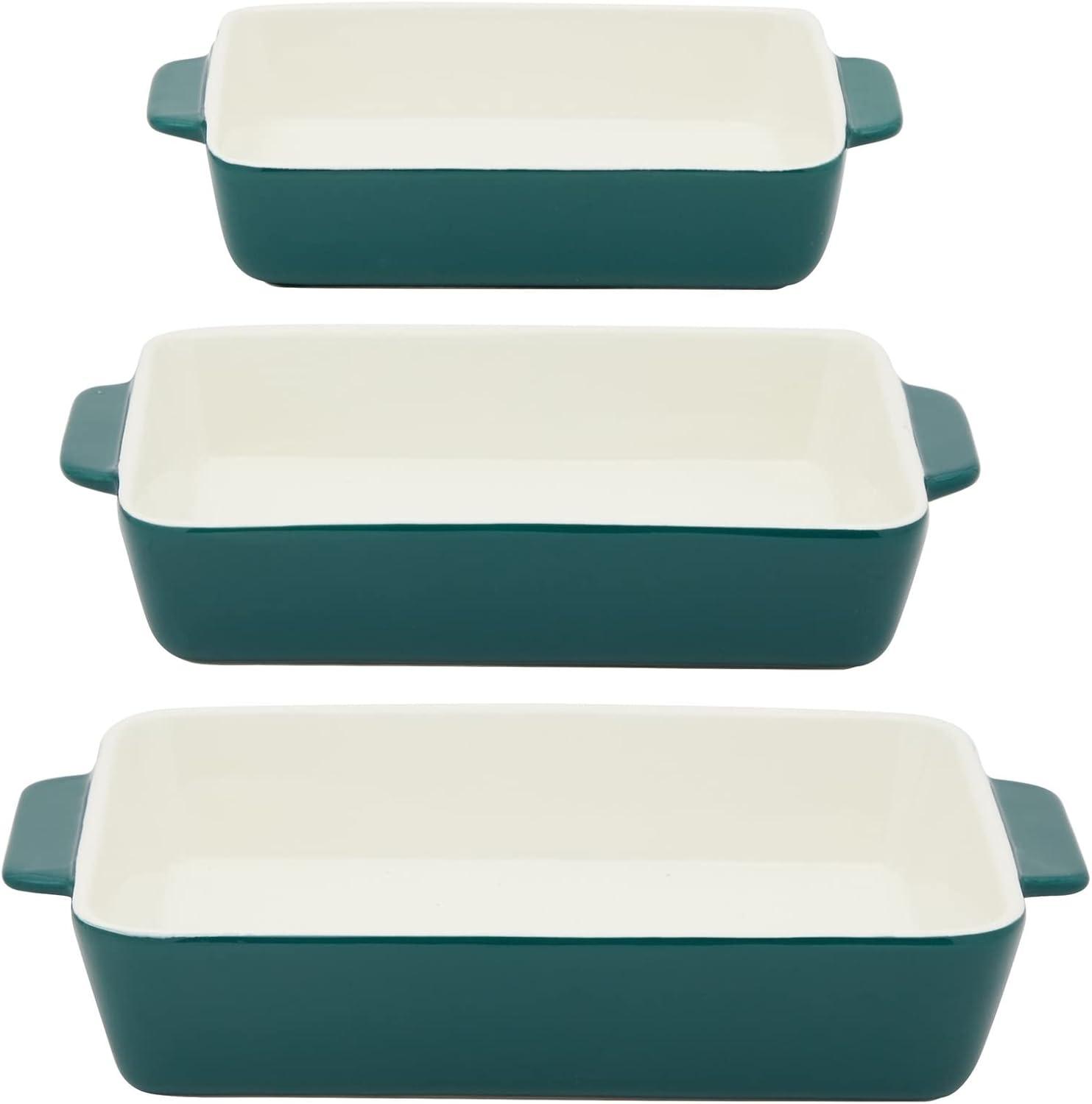 FETLOD 3 Piece Green Casserole Dishes For Oven Use, Baking, Rectangular Ceramic Bakeware Set In Assorted Sizes