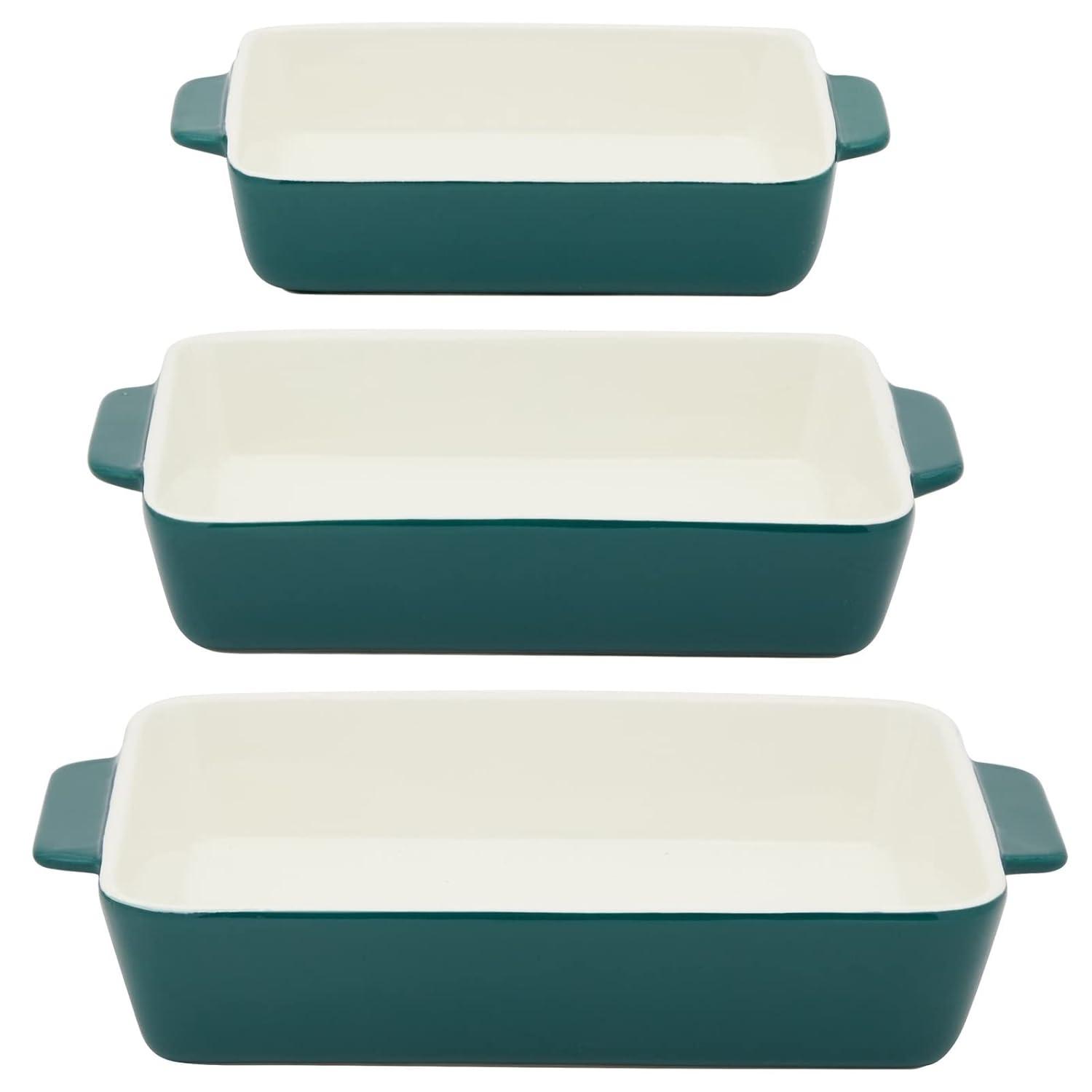 FETLOD 3 Piece Green Casserole Dishes For Oven Use, Baking, Rectangular Ceramic Bakeware Set In Assorted Sizes