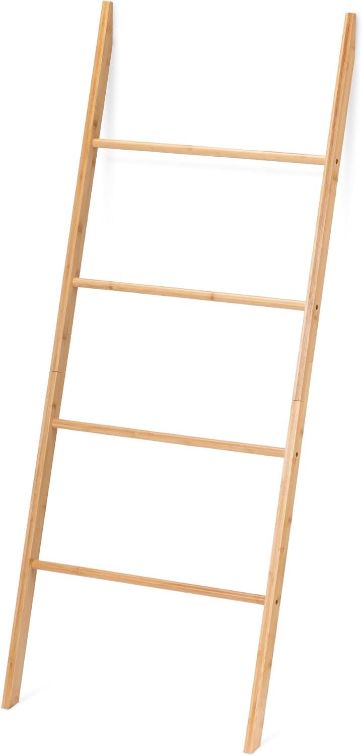 Navaris Bamboo Towel Ladder - Wood Rack for Towels, Clothes, Blankets - Wall Leaning Wooden Rack for Bathroom, Bedroom - 4-Tier Towel Holder Stand