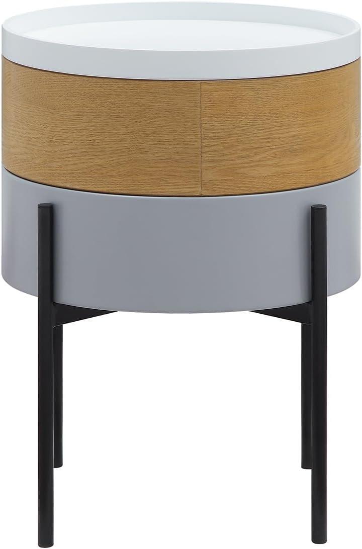 Round White and Wood End Table with Black Metal Legs