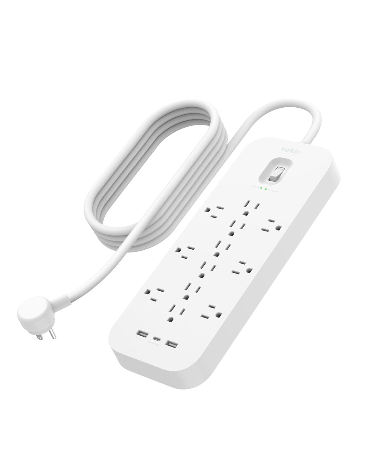 Belkin 12-Outlet Surge Protector Power Strip w/ 12 AC Outlets, 1 USB-C Port, & 2 USB-A Ports, 6ft Cable, Overload and Overvoltage Protection, and On/Off Power Switch - 4,000 Joules of Protection