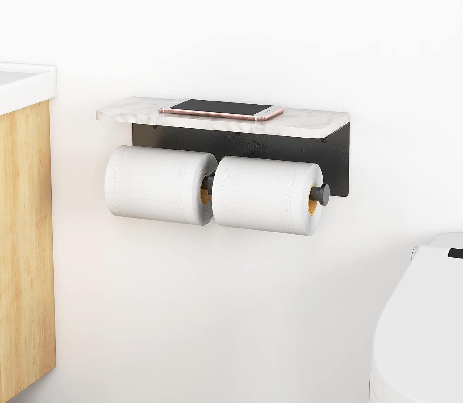 Black Matte Double Toilet Paper Holder with Marble Shelf