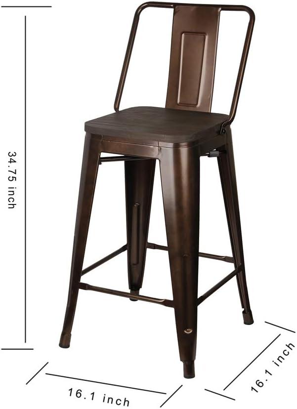 Leejay Coffee 24 inch High Back Counter Height Metal Barstool with Dark Wood Seat, Set of 2