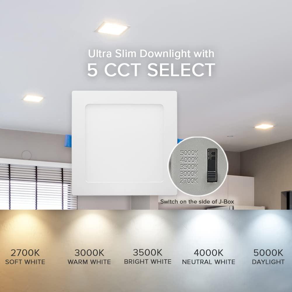 Maxxima 6 in. Square Ultra Thin LED Downlight, Slim Recessed Canless Light, IC Rated, 1000 Lumens, 5 Color Temperature Selectable 2700K/3000K/3500K/4000K/5000K, Dimmable, White Trim, J-Box Included