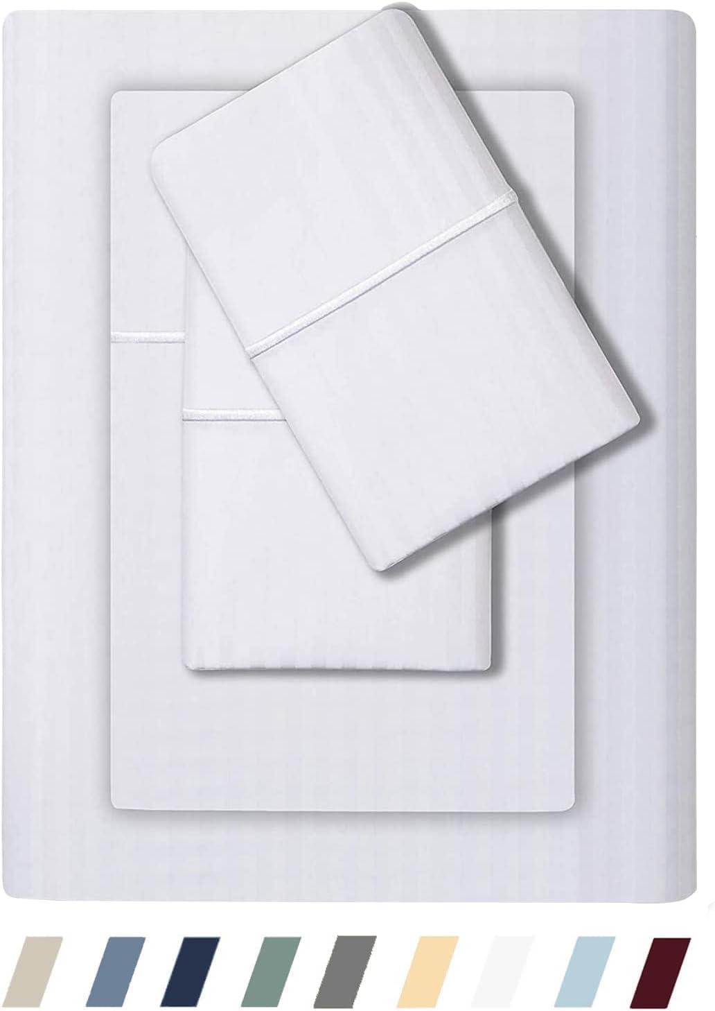 Feather & Stitch 500 TC Queen Size Damask Bed Sheet Set, 100% Cotton Soft Breathable Bedsheets, 4 Piece 18" Deep Pockets Sateen Weave Striped Bedding Mattress Resort Hotel Luxury- (Solid White, Queen)