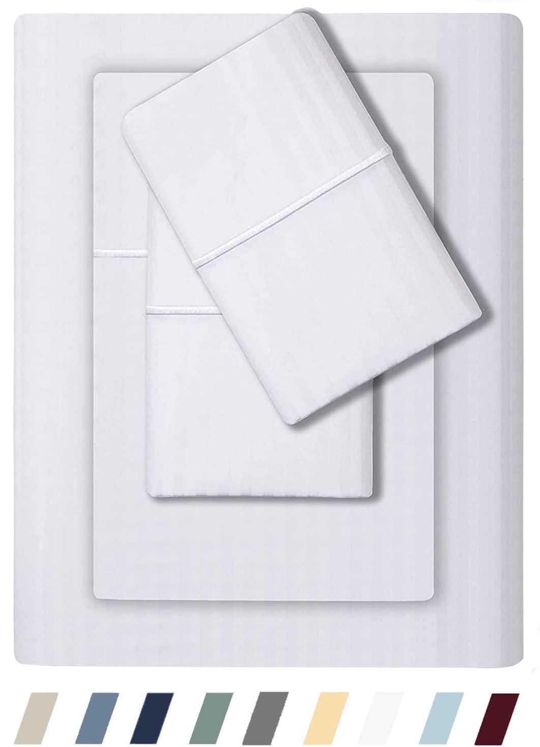 Feather & Stitch 500 TC Queen Size Damask Bed Sheet Set, 100% Cotton Soft Breathable Bedsheets, 4 Piece 18" Deep Pockets Sateen Weave Striped Bedding Mattress Resort Hotel Luxury- (Solid White, Queen)