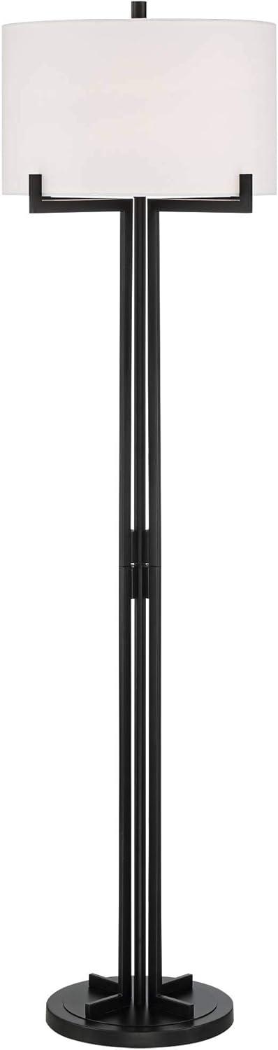 Possini Euro Design Madrid Modern Industrial Floor Lamp 64" Tall Matte Black Metal White Linen Hardback Drum Shade for Living Room Bedroom Office Home